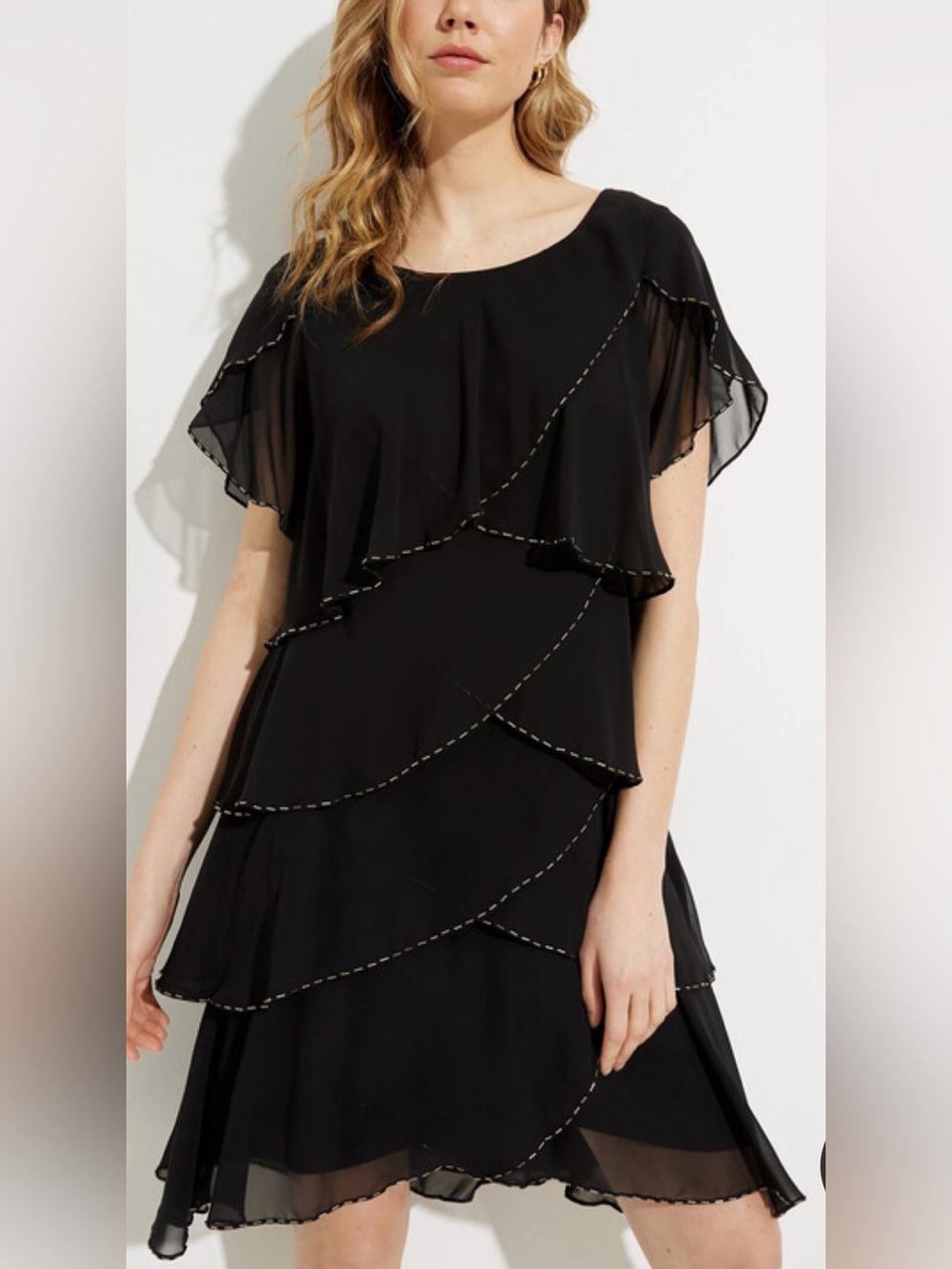 SL NY Slinky beaded black tiered knee length short cocktail dress size 6